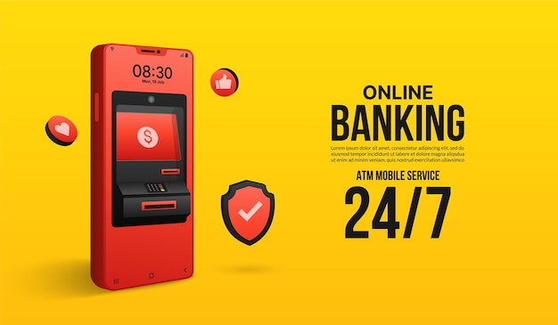 ATM online money transfer and digital payment serivce via cellphone mobile banking concept