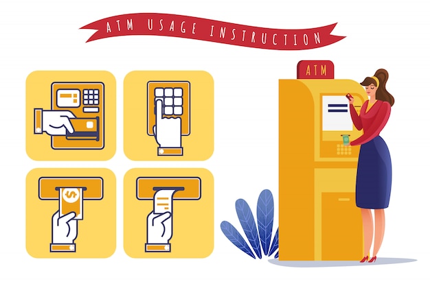 ATM payments usage instruction. Horizontal illustration on the theme ATM withdrawal stepwise instruction