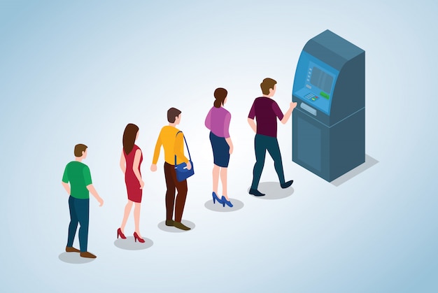 Atm queue concept with people men and woman queueing witdraw cash money with modern flat style and isometric 3d