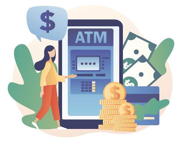 ATM in smartphone. Tiny woman withdraws money from credit card in online atm machine. Banking