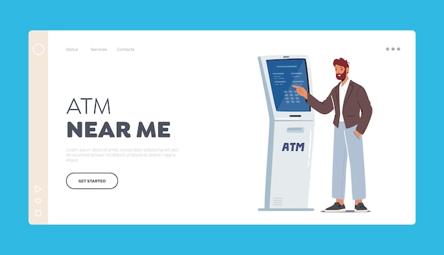 Vector atm transaction landing page template. man insert password in automated teller machine equipped with camera for face detection, male character withdraw money from bank atm. cartoon vector illustration