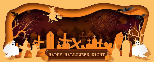 Atmosphere of Halloween scary day in paper cut style with Halloween wording and vector design