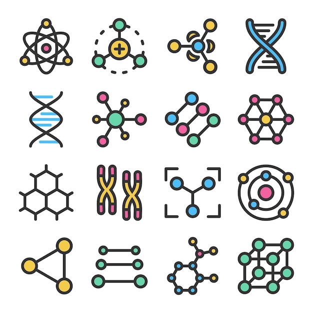 Atoms molecules dna chromosomes colorful vector icon set with outline