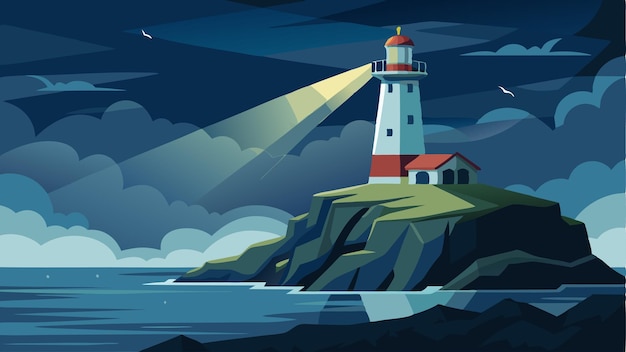 Atop the windswept headland the lighthouse shines bright against the stormy sky a beacon of hope for sailors navigating the rocky coastal waters