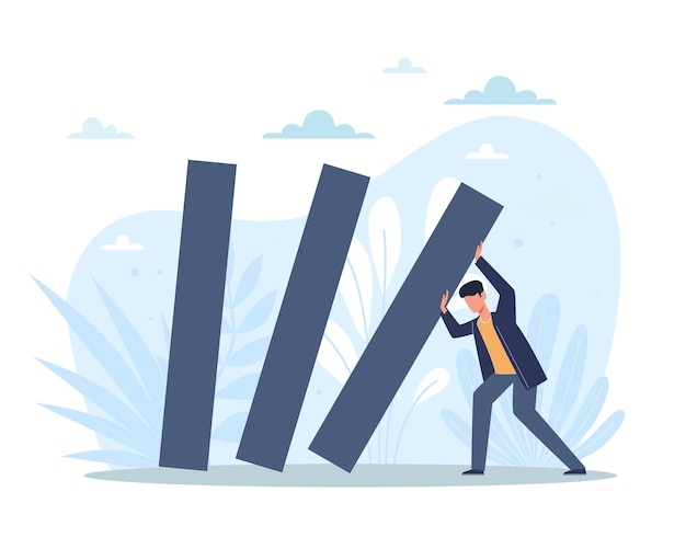 Attempt to prevent fall Save situation Lonely man trying to hold on wall dominoes falling hard pressure of troubles and problems crisis in economic and life Vector business concept