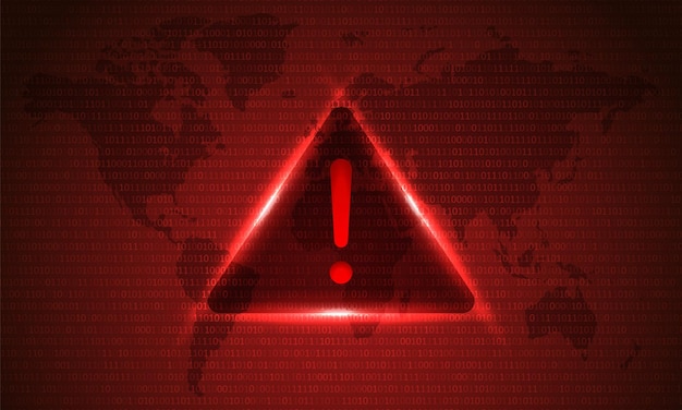 Attention danger hacking. Neon symbol on map dark red background. System hacked error.