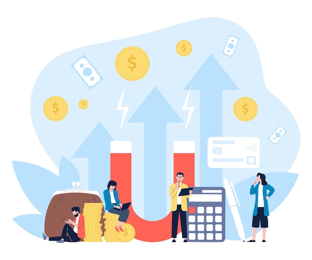 Attracting investment wealth magnet Woman earning money on computer man with calculator count loan Financial attract recent business vector scene of business wealth income and profit illustration