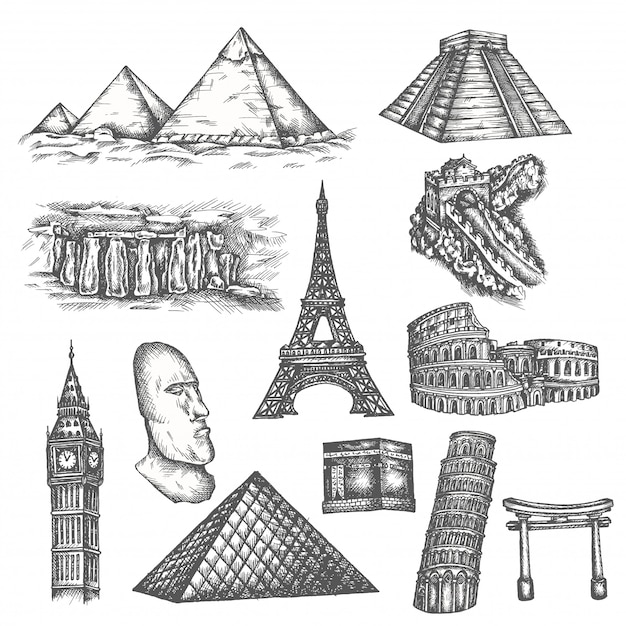 Attractions of the world in sketch style. 