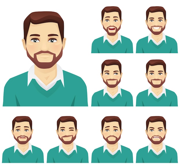 Attractive beard man with different facial expressions set isolated