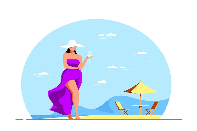 Attractive elegant plus size woman walking at the beach with glass of wine.  summer vacation. Flat style illustration