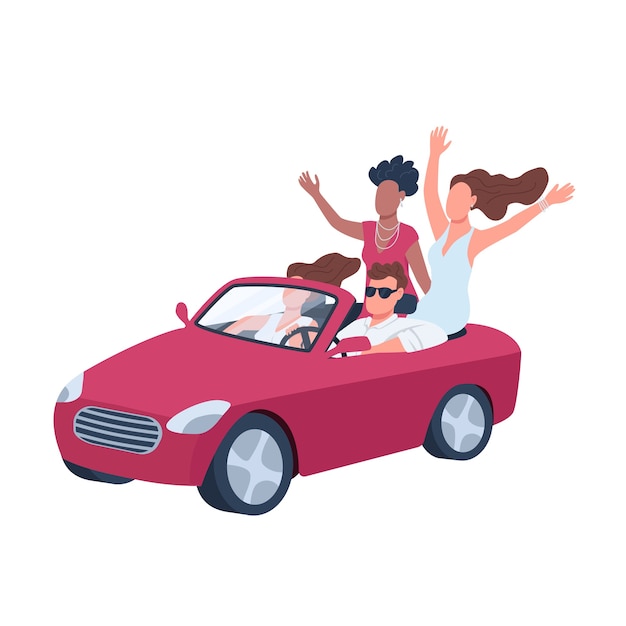 Attractive man in car surrounded by girls flat color faceless character. Young people hanging out. Guy in red cabriolet isolated cartoon illustration for web graphic design and animation