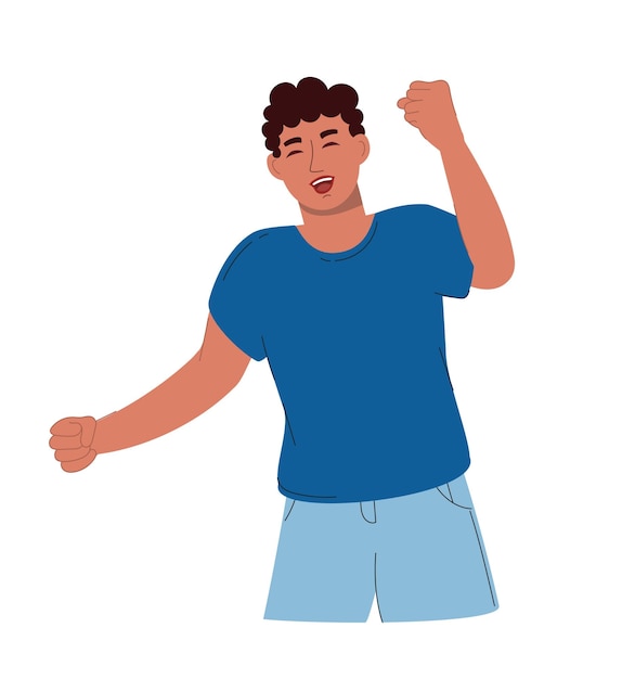 An attractive man rejoices hands up Vector illustration flat