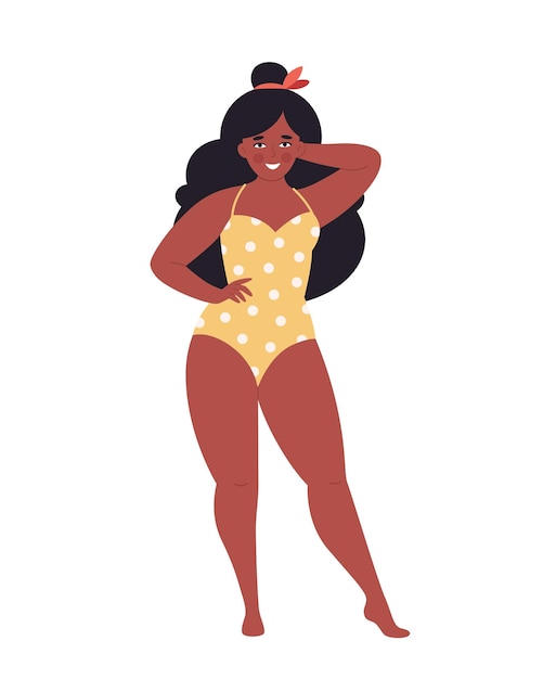 Attractive overweight black woman in swimsuit on tropical leaves background. Hello summer,