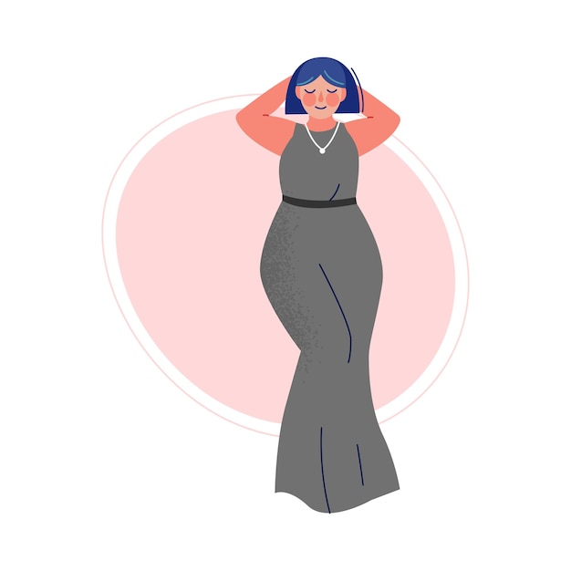 Vector attractive plus size woman beautiful curvy overweight girl in long dress body positive concept vector illustration