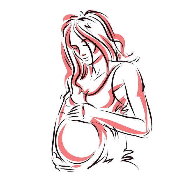 Attractive pregnant woman body silhouette drawing. Vector illustration of mother-to-be fondles her belly. Happiness and caress concept.