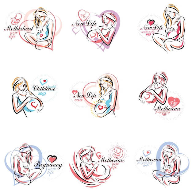 Attractive pregnant woman body silhouette drawings. Vector illustration of mother-to-be fondles her belly. Obstetrics and gynecology clinic advertising banner