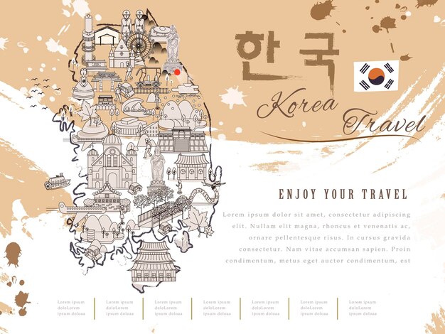 Attractive South Korea travel map - Korea in Korean words on upper right