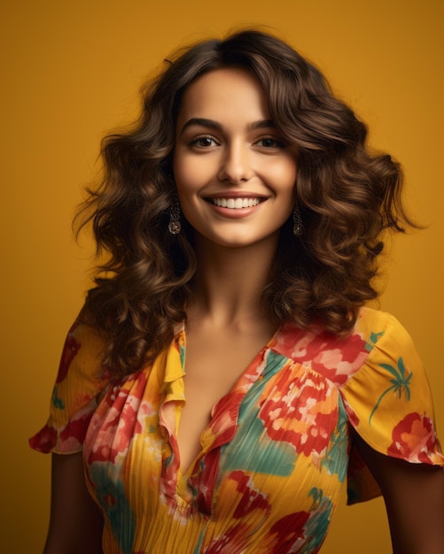 An attractive woman with curly hair wearing a colorful dress