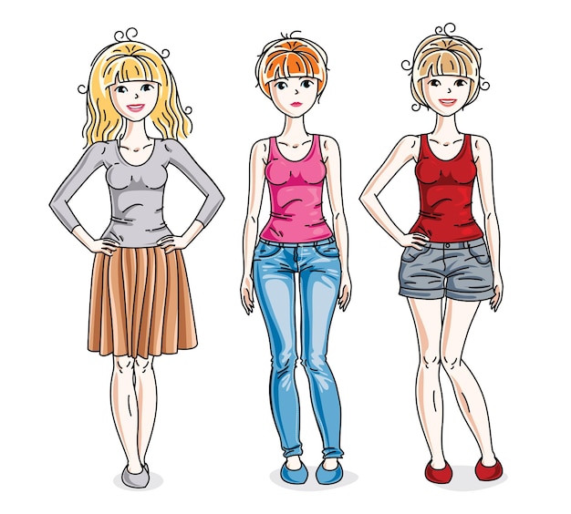 Attractive young adult girls standing in stylish casual clothes. Vector people illustrations set. Fashion and lifestyle theme cartoons.