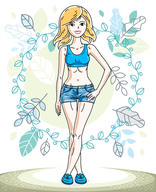 Attractive young blonde woman standing on background of spring landscape and wearing stylish casual clothes. Vector human illustration.