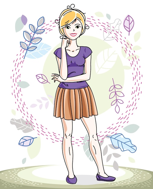 Attractive young blonde woman standing on background of spring landscape and wearing stylish casual clothes. Vector human illustration.