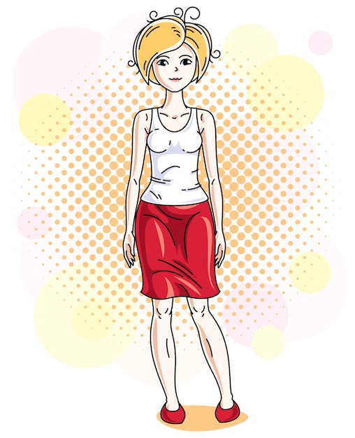 Attractive young blonde woman standing on colorful background with bubbles and wearing casual clothes. Vector human illustration.