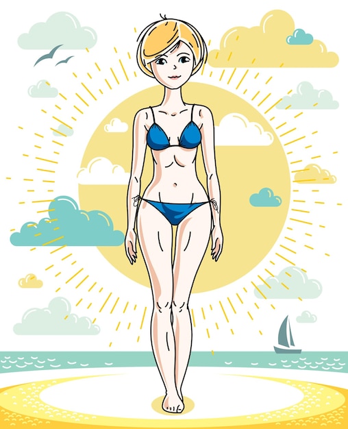 Attractive young blonde woman standing on tropical beach and wearing blue bathing suit. Vector human illustration. Summer vacation theme.