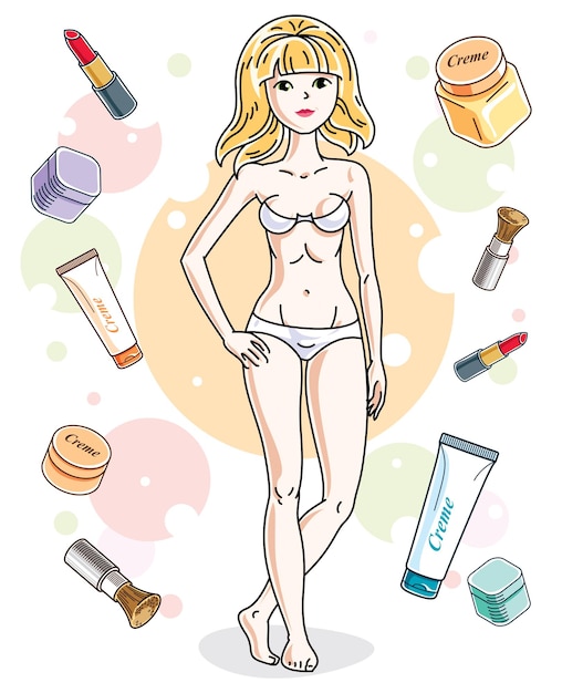 Attractive young blonde woman in underwear standing on colorful background with cosmetic accessories. Vector human illustration.