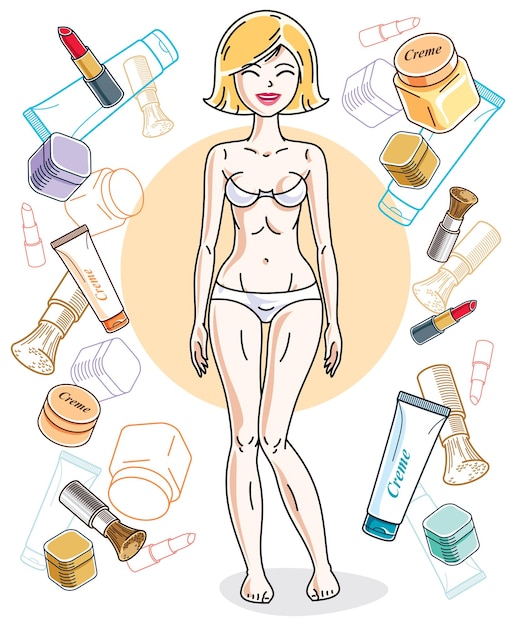 Attractive young blonde woman in underwear standing on colorful background with cosmetic accessories. Vector human illustration.