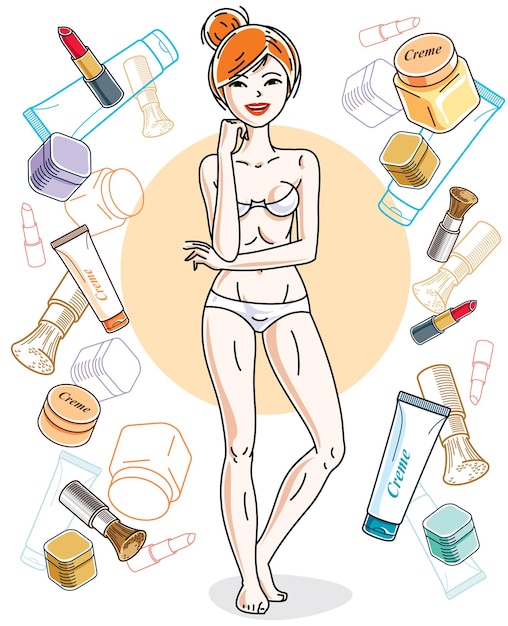 Attractive young red-haired woman in underwear standing on colorful background with cosmetic accessories. Vector human illustration.