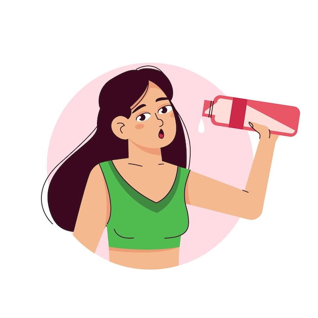 An attractive young woman drinks water from a plastic bottle Fitness and health Flat vector illustration