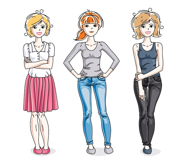 Attractive young women posing in stylish casual clothes. Vector diversity people illustrations set. Fashion and lifestyle theme cartoons.