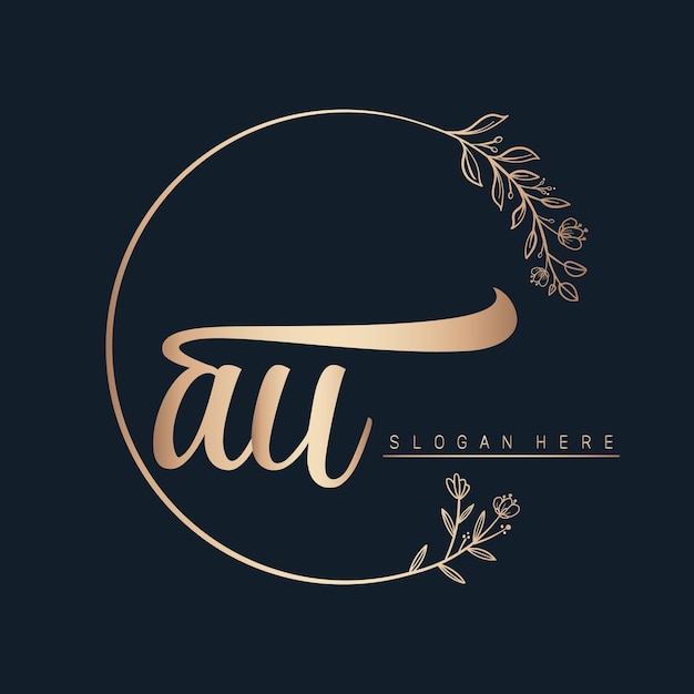 au calligraphic and signature vector logo design with circle in gold color leaf and flower