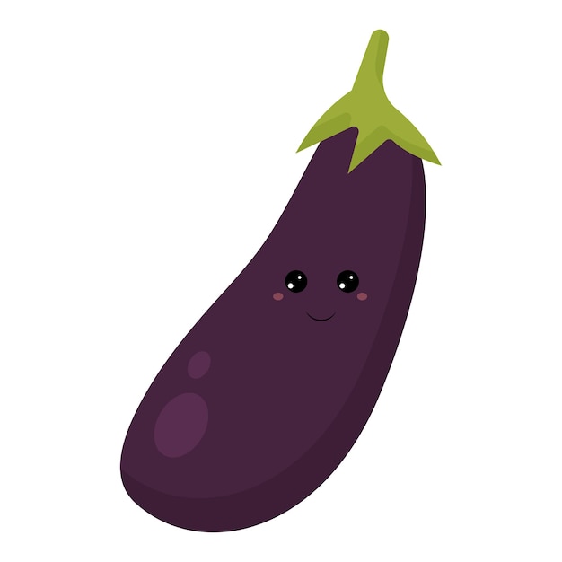 Aubergine vegetable with kawaii eyes, eggplant isolated sketch. Vector purple vegetable