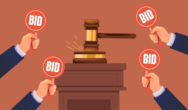 Auction bid hand paddle gavel competitive concept graphic design illustration