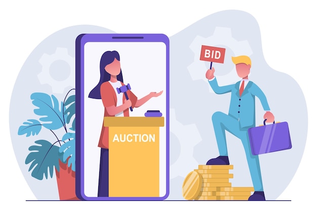 Auction Businessman makes a bid at an online auction