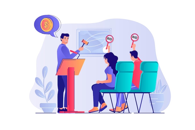 Auction concept with people scene Man auctioneer selling art painting byers bidding buying and investment money in valuable artworks Vector illustration with characters in flat design for web