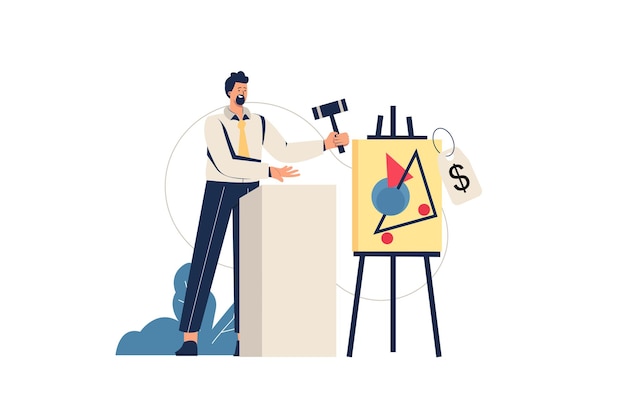 Vector auction web concept. seller with hammer sells painting at auction, investment in artwork, bargain purchase of picture at gallery, minimal people scene. vector illustration in flat design for website