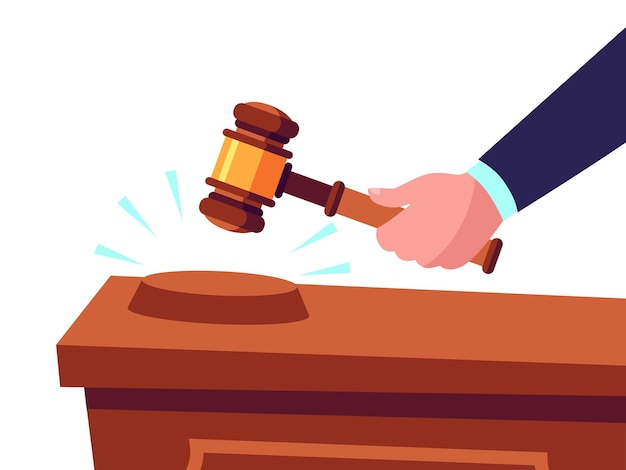 Vector auctioneer hold gavel in hand and selling goods, offering for bid. buying or purchasing products. judge with ceremonial wooden hammer giving punishment. mallet for courthouse vector illustration