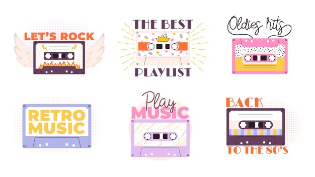 Audio cassette music badges with tape Retro musical prints 90s 80s sound stickers old hits Vintage stereo cassettes racy decorative vector set of music retro and audio tape cassette illustration