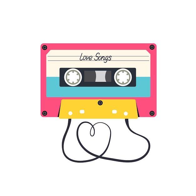 Audio cassette tape love songs isolated on a white background. Trendy 80s 90s vector illustration