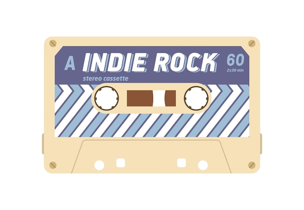 Audio cassette with mix tape of indie music records. Magnetic stereo casette of 80s. Retro analogue mixtape. Compact audiocassette. Flat vector illustration of audiotape isolated on white background.