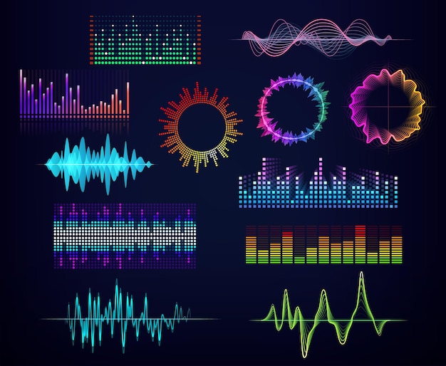 Audio equalizers sound waves player neon circles