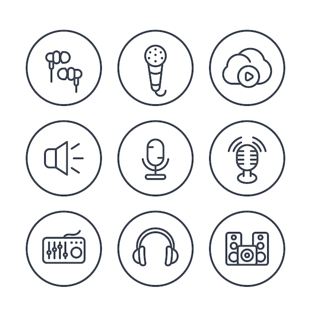 Audio line icons in circles vector illustration