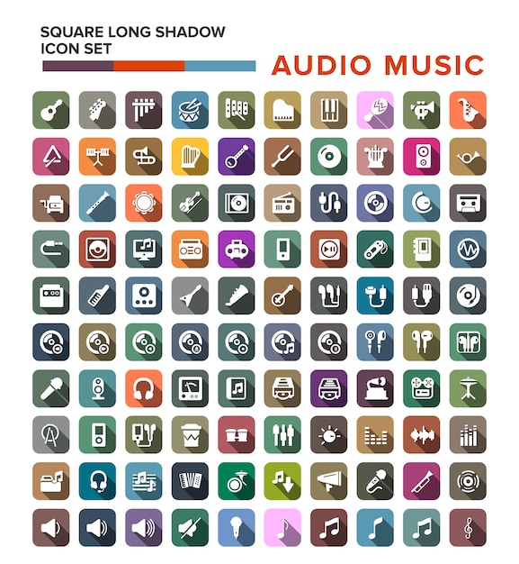 Audio music tool icons Set with long shadows