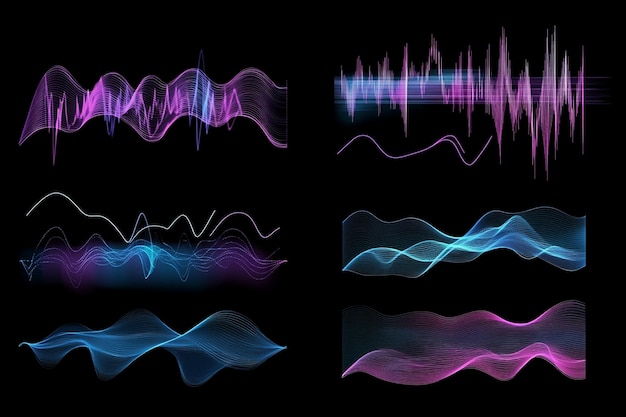 Vector audio waveforms isolated on black background