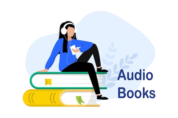 Vector audiobook online library woman listening to books onlineconcept of online application or media player for listening to digital audiobooks and podcasts elearning vector illustration