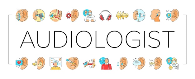 Audiologist doctor ear deaf icons set vector