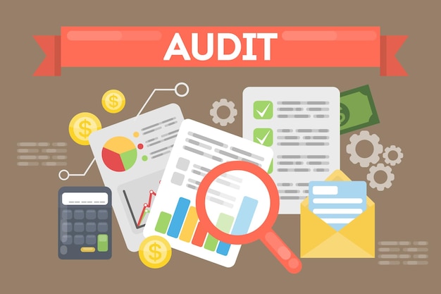 Audit concept illustration Documents and calculator with money and magnifying glass on the table