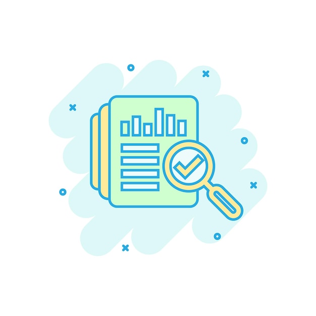 Vector audit document icon in comic style result report vector cartoon illustration on white isolated background verification control business concept splash effect